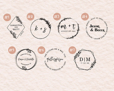 7 different shapes of wedding rubber stamp imprints