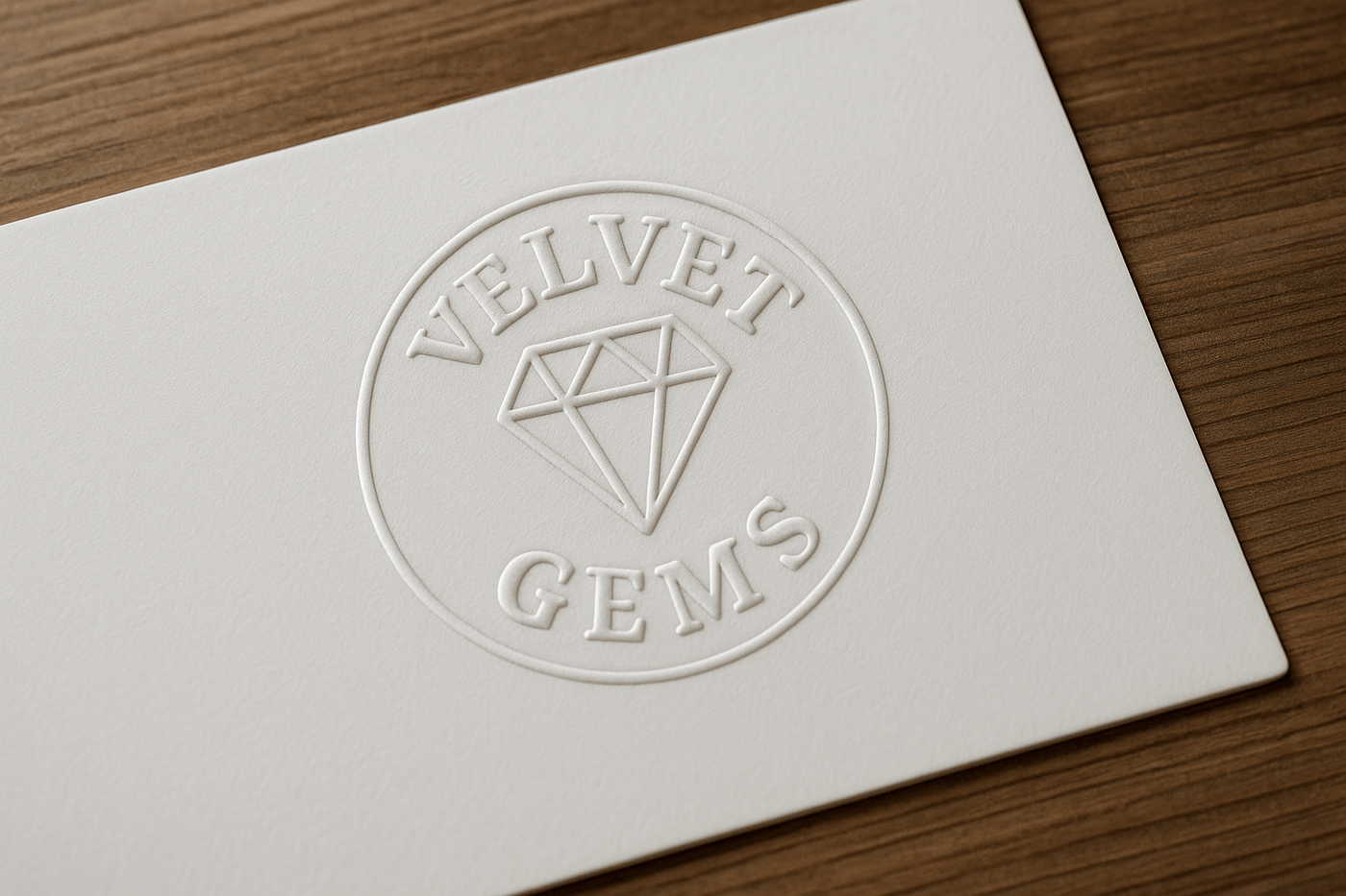 Embossed Velvet Gems logo on textured white cardstock with diamond icon, set against a warm wooden background, featuring soft natural lighting and subtle raised details.