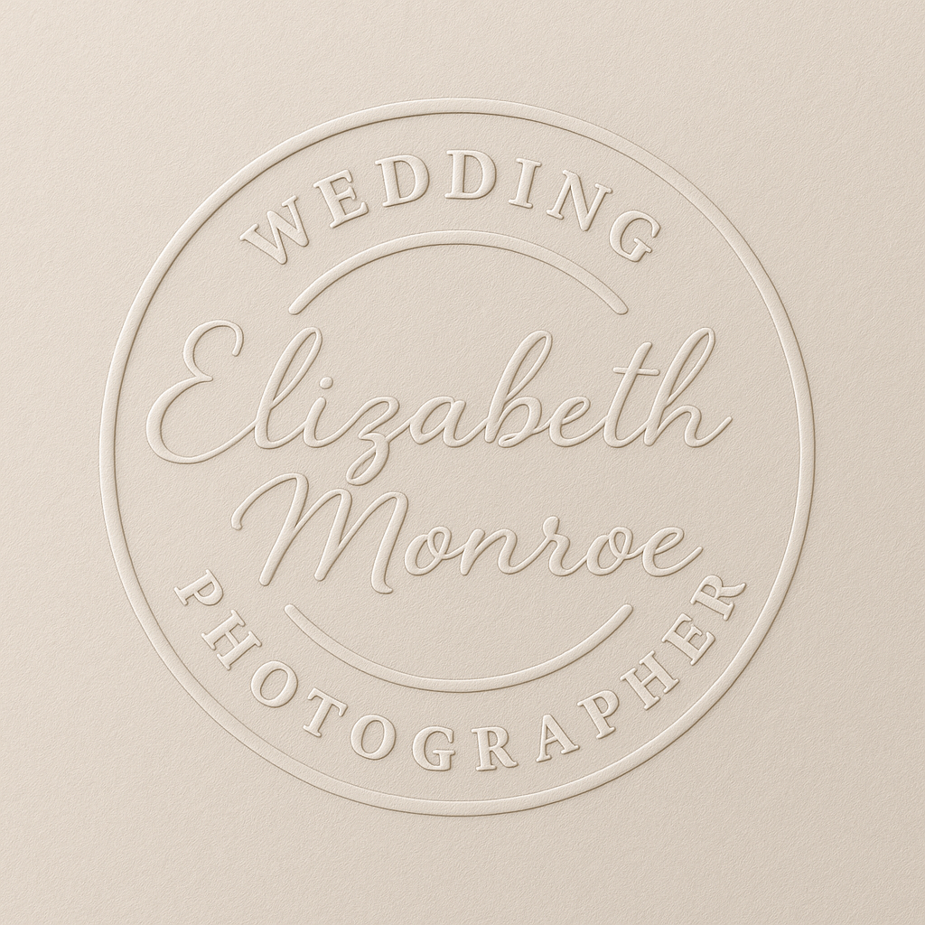 Embossed logo for wedding photographer Elizabeth Monroe in elegant circular design