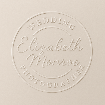 Embossed logo for wedding photographer Elizabeth Monroe in elegant circular design