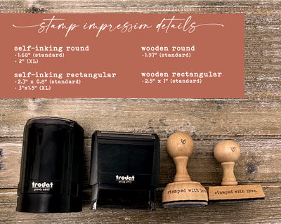 Self-inking and wooden stamp options presented on a wooden surface with details of size specifications for round and rectangular shapes including a comparison between standard and extra-large sizes