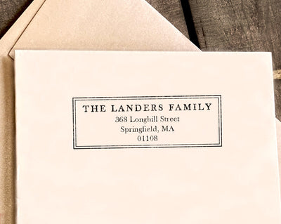 family name return address in an elegant rectangular box with double borders