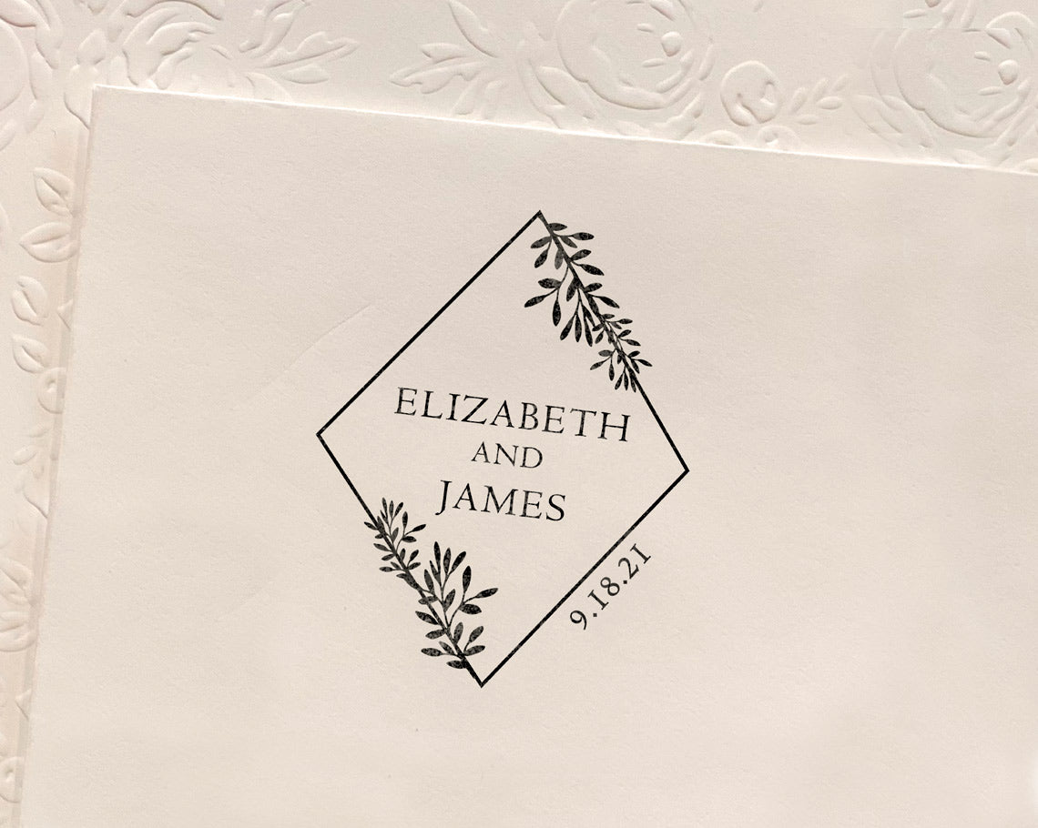 diamond shape logo wedding rubber stamp imprint with first names of the couple and wedding date