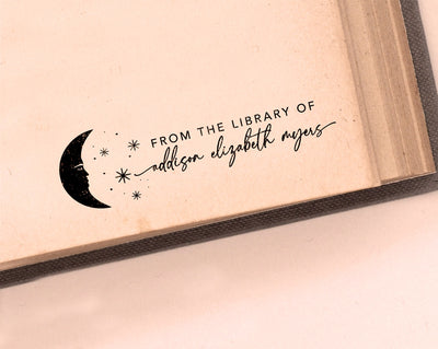 personalized library book stamp with moon and stars including owners name