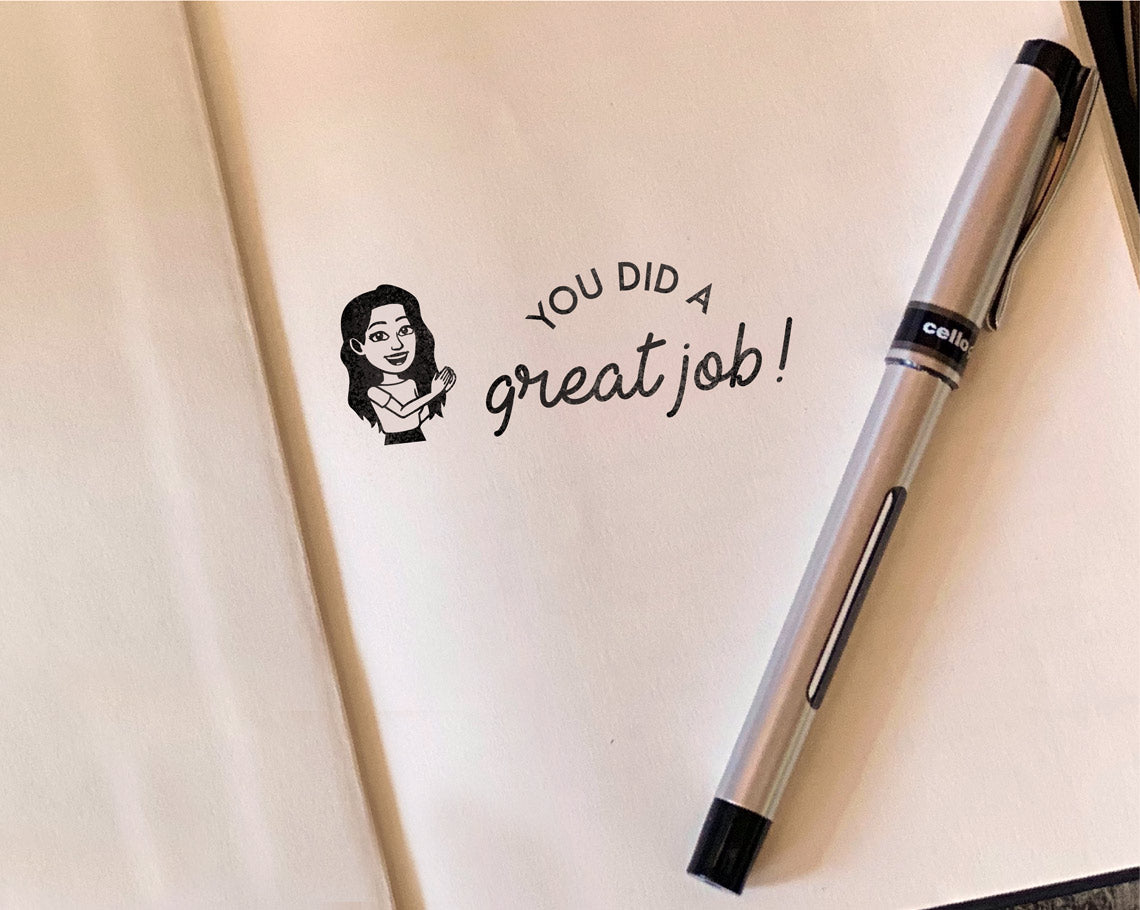teacher rubber stamp imprint that says you did a great job with bitmoji
