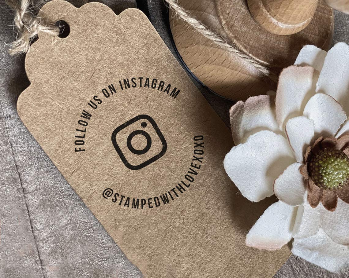a product tag with the words follow us on instagram and ig tag and icon in circular arrangement