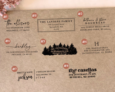 eight different design options of custom return address stamps in rectangular shapes