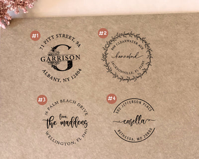 four different design options of circle shape return address stamps