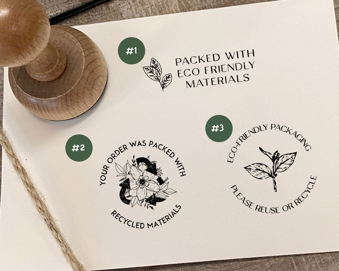 three different design templates for eco friendly packaging rubber stamp