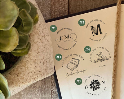 5 custom book stamp design templates showcasing different names and decorative elements