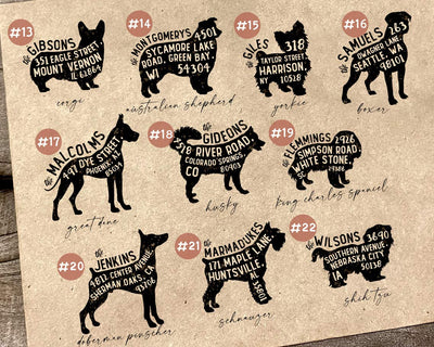 A selection of dog breed silhouettes for custom rubber stamps displayed on craft paper with a wooden stamp and twine indicating various breeds such as corgi and husky with numbers and return addresses for each option