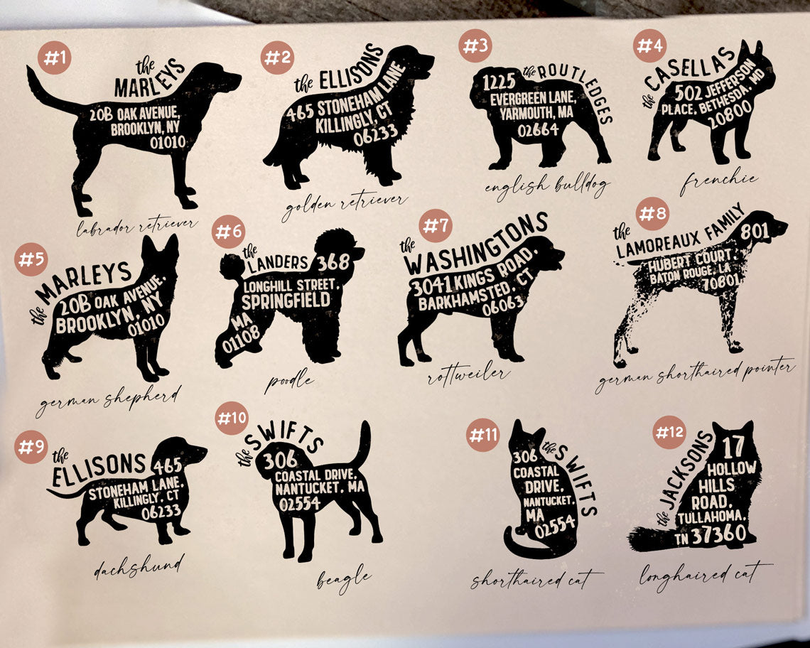 A craft paper with silhouettes of different dog breeds and a cat along with their names and return addresses for custom rubber stamp design options