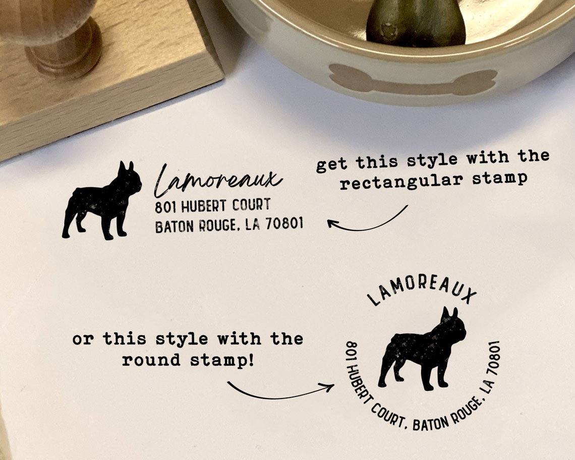 A comparison of two pet themed rubber stamp designs one rectangular and one round each featuring the silhouette of a French Bulldog