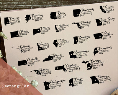 A selection of rectangular return address stamps with various US state shapes filled with black ink each featuring a unique family name and address