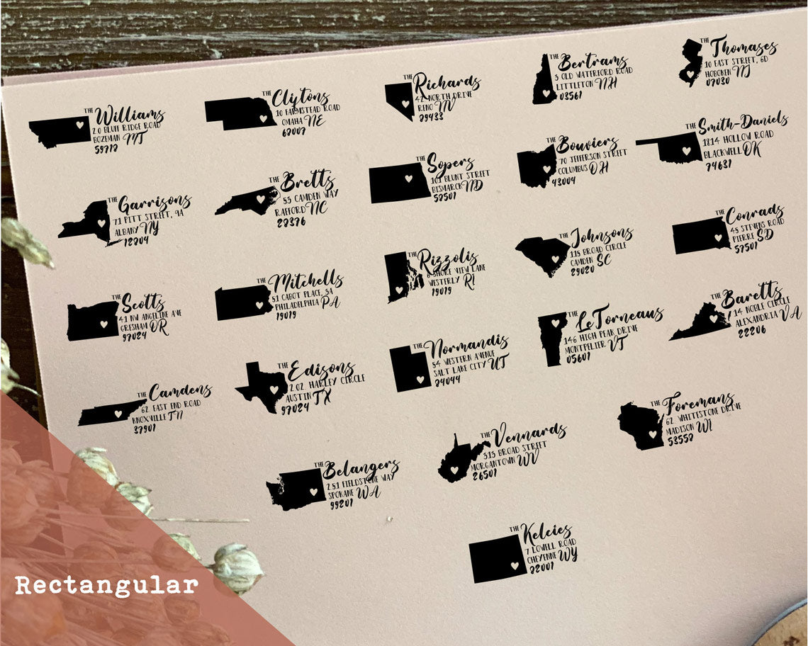 A selection of rectangular return address stamps with various US state shapes filled with black ink each featuring a unique family name and address