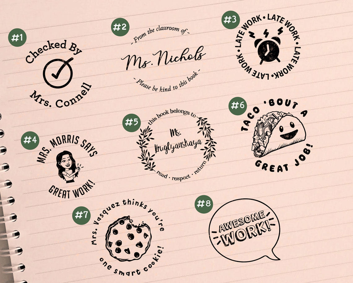 an assortment of custom teacher stamp design options to motivate students
