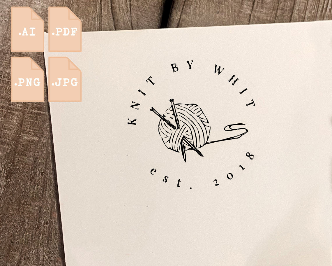 A logo design for Knit by Whit featuring a ball of yarn and knitting needles with available file format icons for AI PDF PNG and JPG on a wooden background
