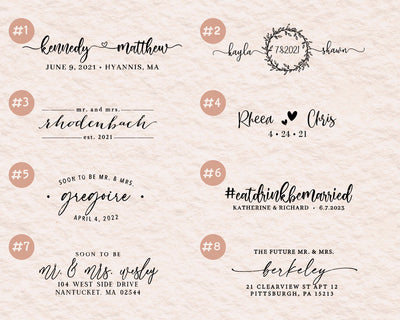 A selection of eight wedding stamp designs featuring various styles for couples names wedding dates and messages on a paper background