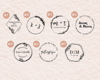 A collection of seven wedding stamp imprint designs offering various customizations for couple's names and wedding dates on a textured paper background.